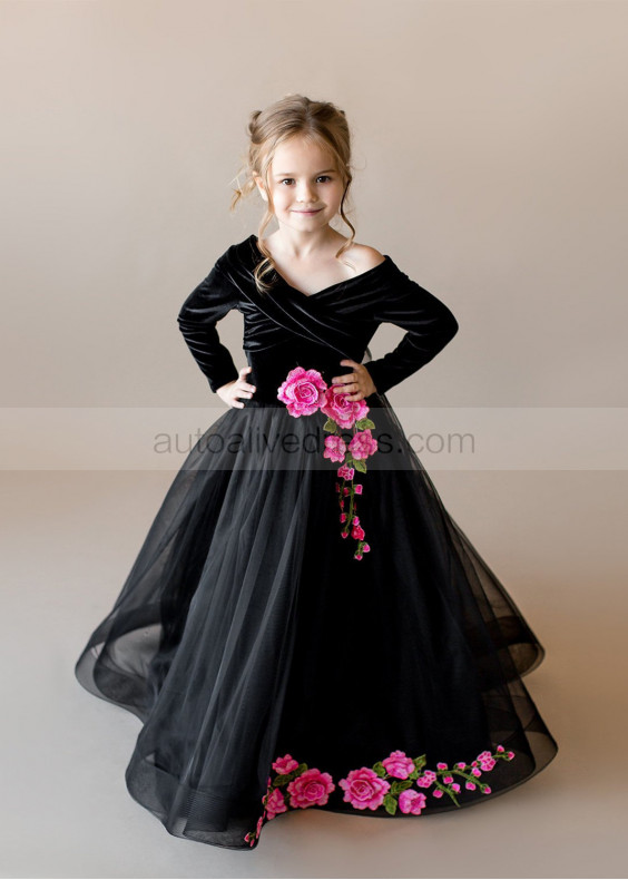 Black Velvet Embroidered Lace Tulle Floor Length Flower Girl Dress